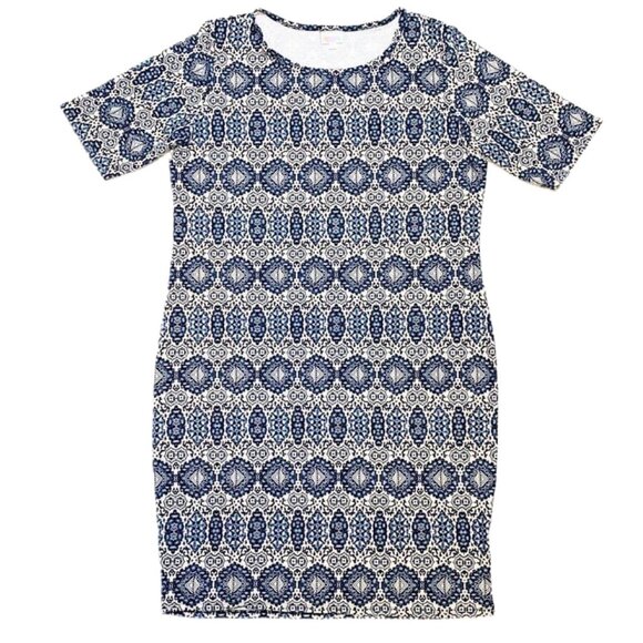 NEW NWT LuLaRoe Julia Pencil Dress Blue Striped Cream Slim Fitted Knee Length - Picture 1 of 2